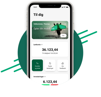 Smartphone med skærmbillede af Jyske Bank mobilbank til dig Smartphone med skærmbillede af Jyske Bank mobilbank til dig